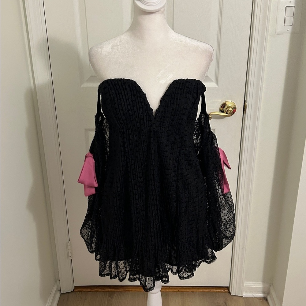 For Love and Lemons Carolyn Mini Dress Black Lace Satin Bow New Size Medium - Picture 6 of 13